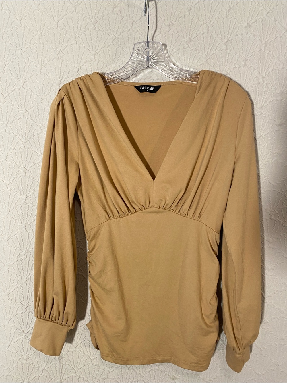Chicme Classic V-Neck Top - Camel Contemporary Layering FigureFlattering Medium